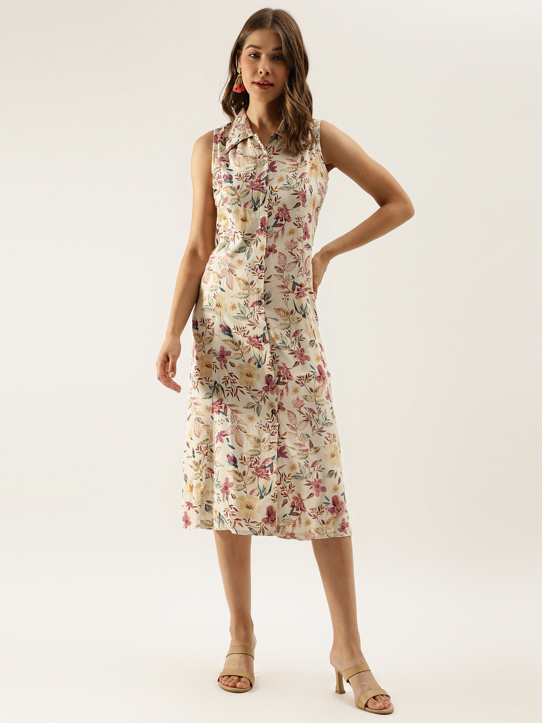rayon midi dress with sleeves Cream Floral Printed Rayon Midi Dress with attached Sleeves – divena world