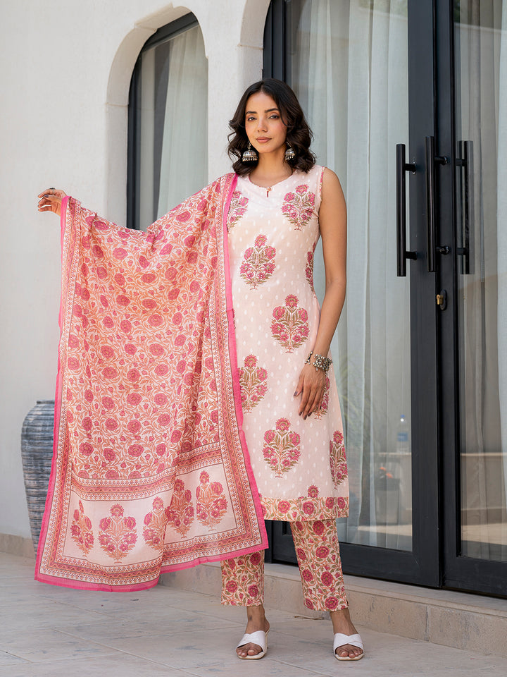 Divena Pink Floral Printed Cotton Straight Fit Kurta Pant Set