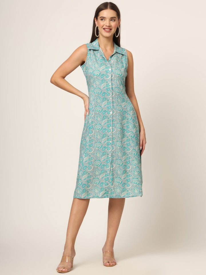Divena Sky Blue Floral Print A-Line Midi Dress