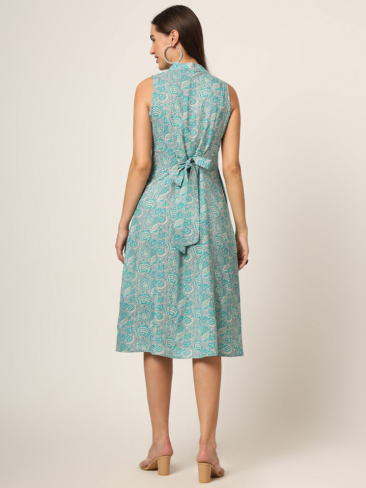 Divena Sky Blue Floral Print A-Line Midi Dress
