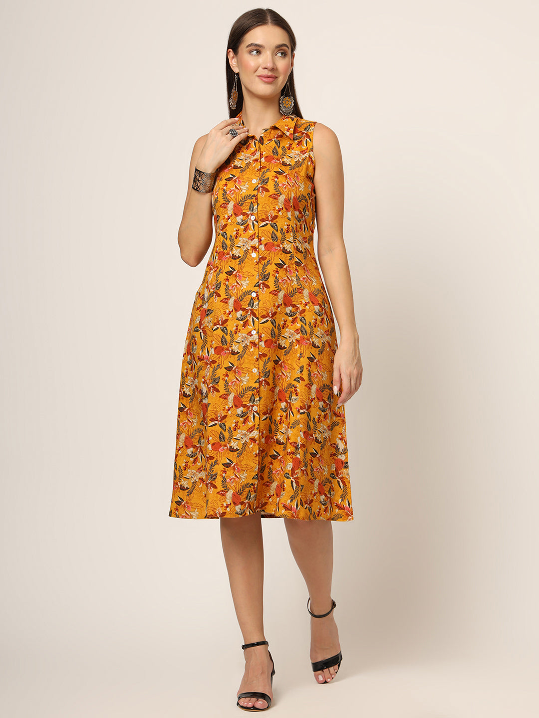 Divena Yellow Floral Print A-Line Midi Dress