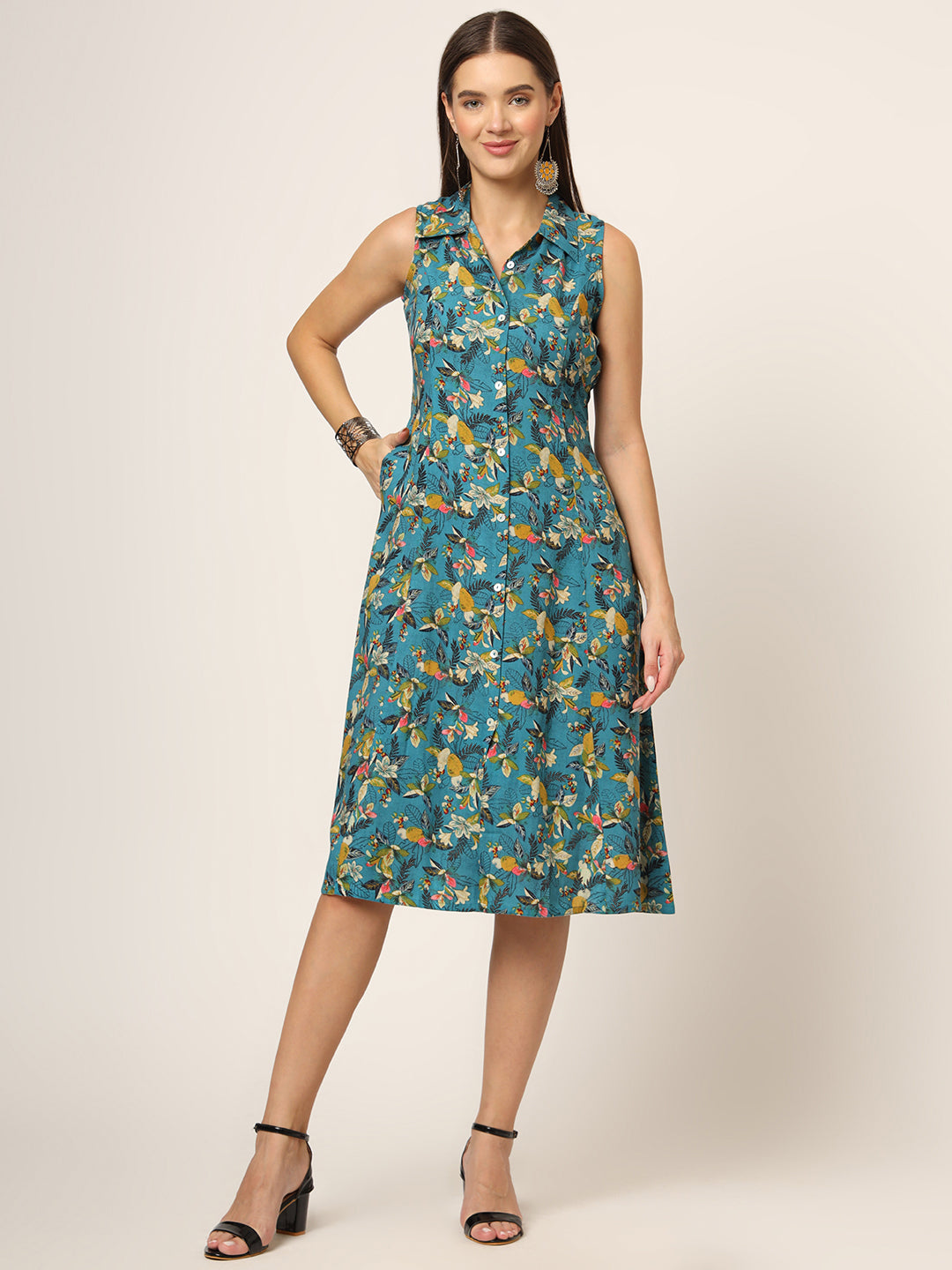 Divena Blue Floral Print A-Line Midi Dress