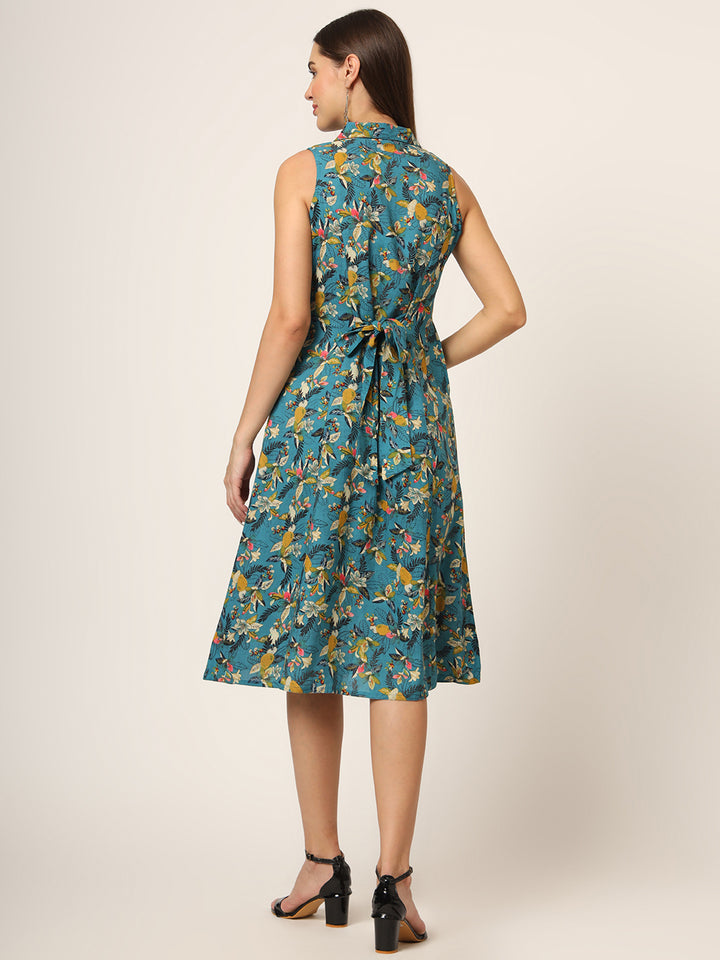 Divena Blue Floral Print A-Line Midi Dress