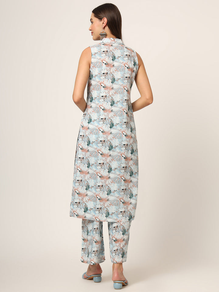 Divena Sky Blue Printed Rayon Fabric Straight Kurta