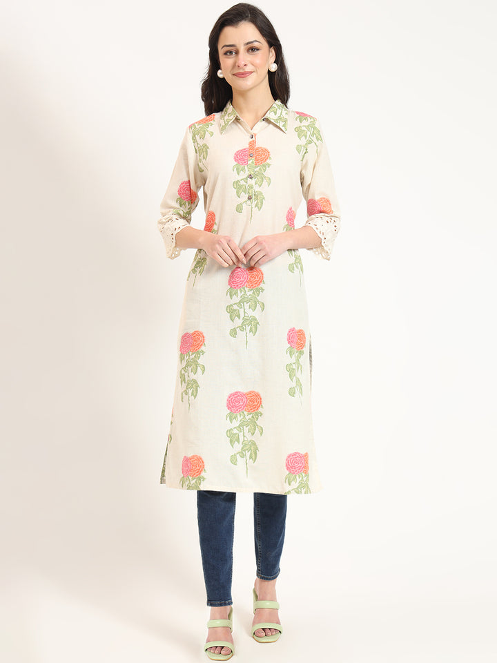 Divena Cream Pink Floral Print Cotton Fabric Kurta