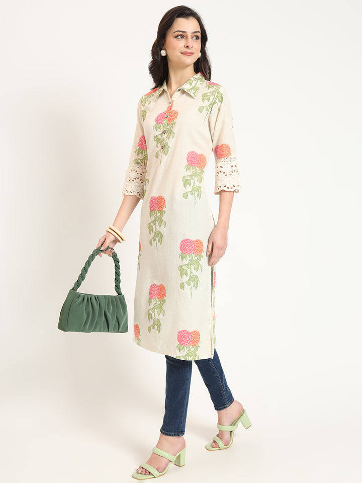 Divena Cream Pink Floral Print Cotton Fabric Kurta