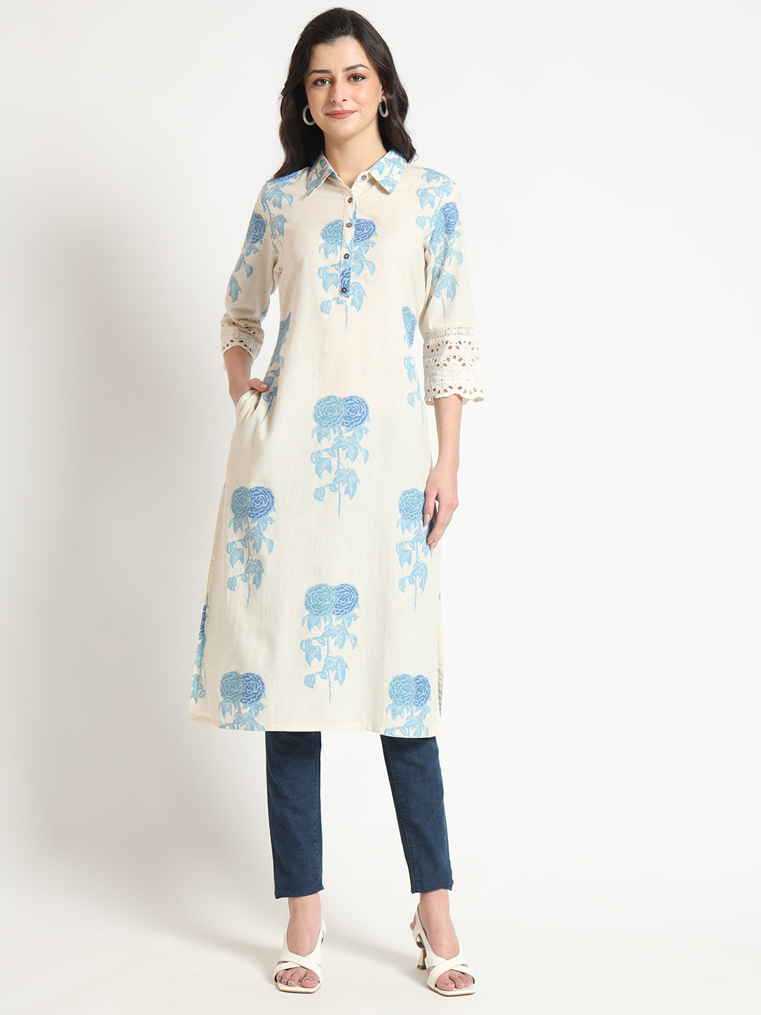 Divena Cream Blue Floral Print Cotton Fabric A-Line Kurta