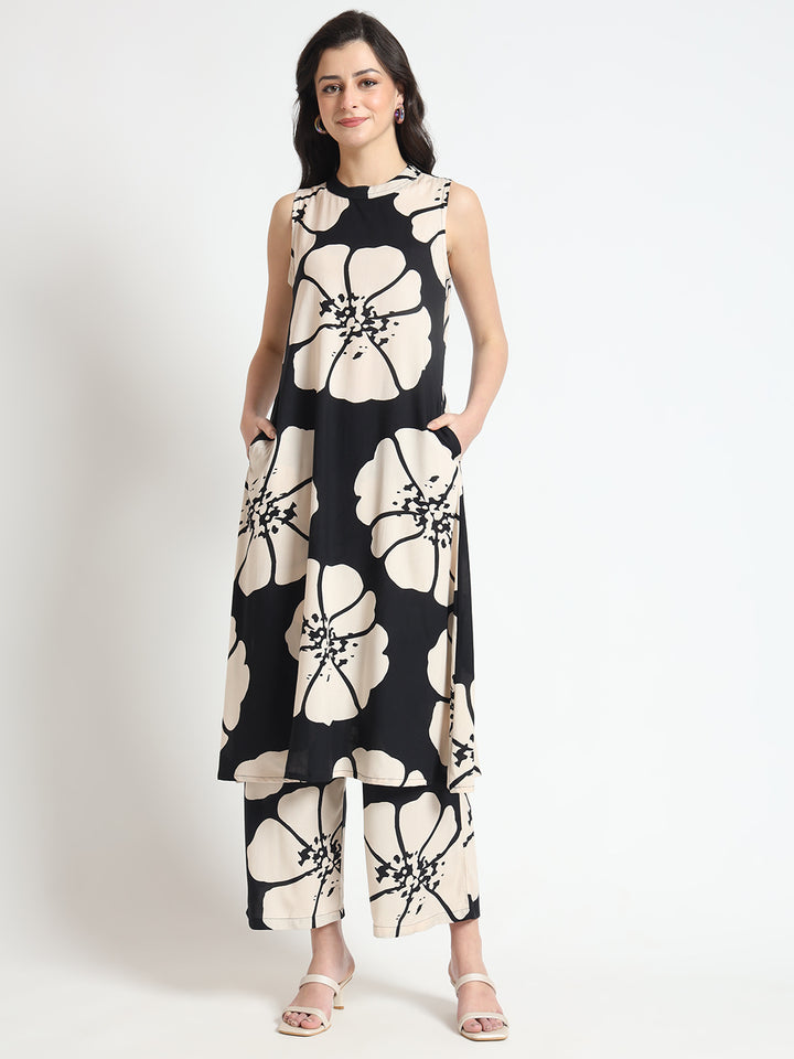Divena Black Floral Print Rayon Sleeveless Co-ord Set