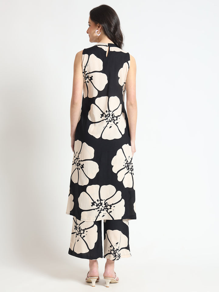Divena Black Floral Print Rayon Sleeveless Co-ord Set