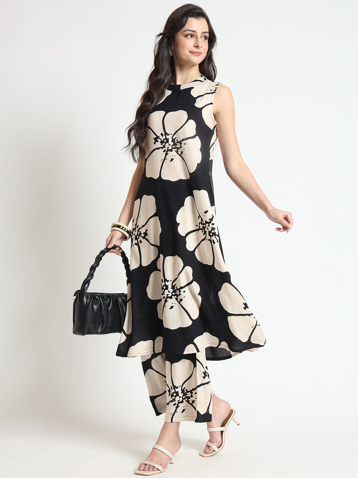 Divena Black Floral Print Rayon Sleeveless Co-ord Set