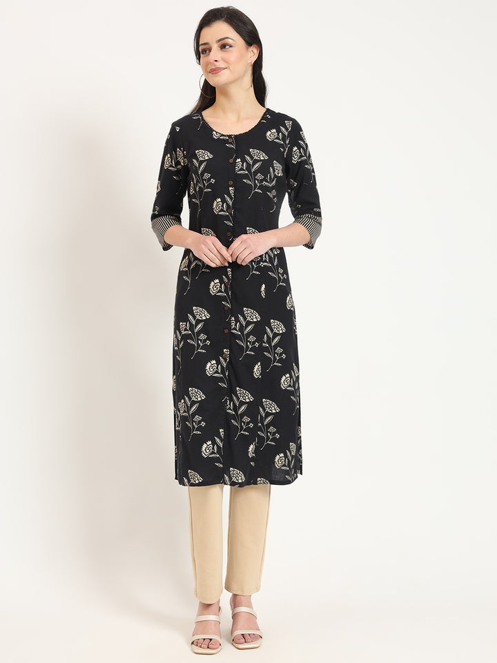 Divena Black Floral Print Cotton Fabric A-line Kurta