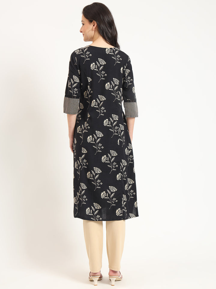 Divena Black Floral Print Cotton Fabric A-line Kurta