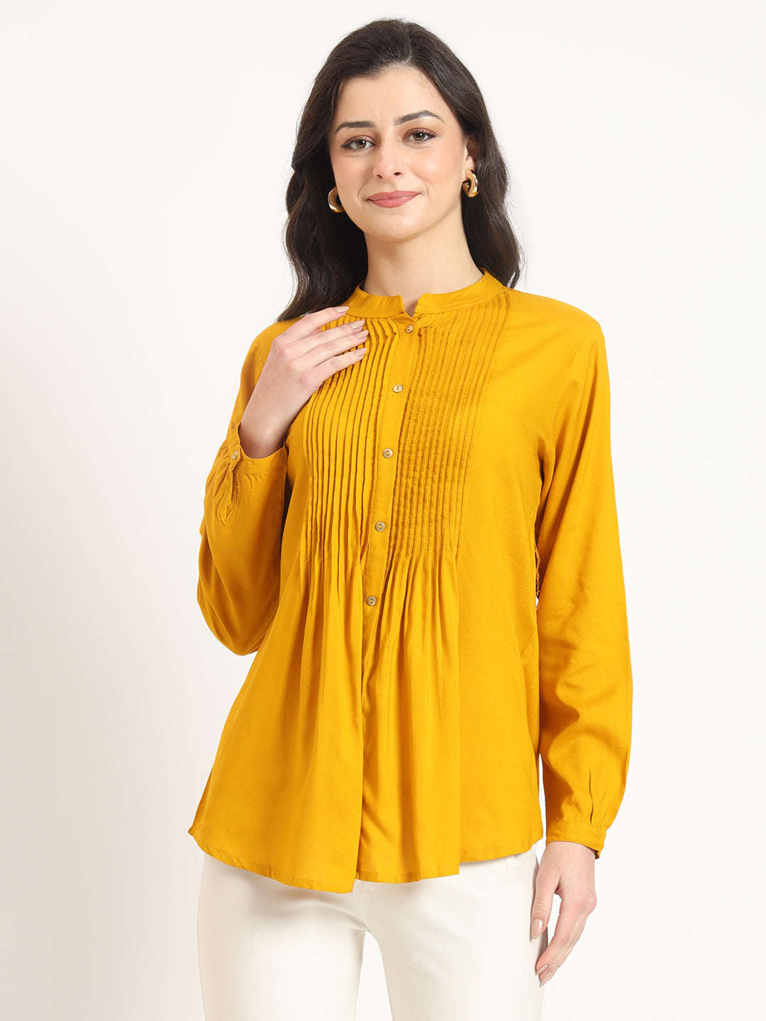 Divena Mustard Solid Print Rayon Fabric Straight Top