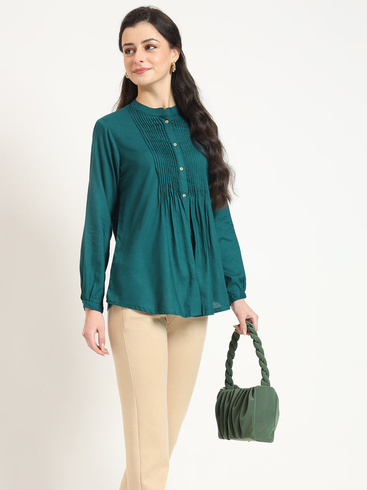 Divena Turquoise Solid Print Rayon Fabric Straight Top