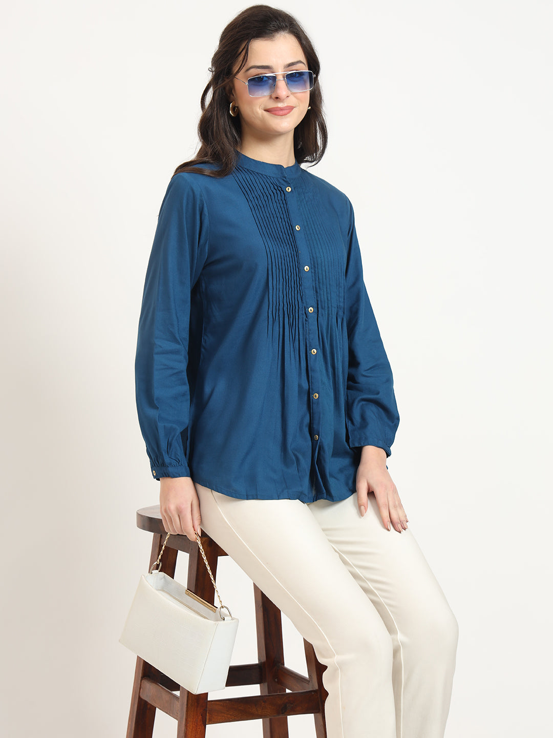 Divena Blue Solid Print Rayon Fabric Straight Top