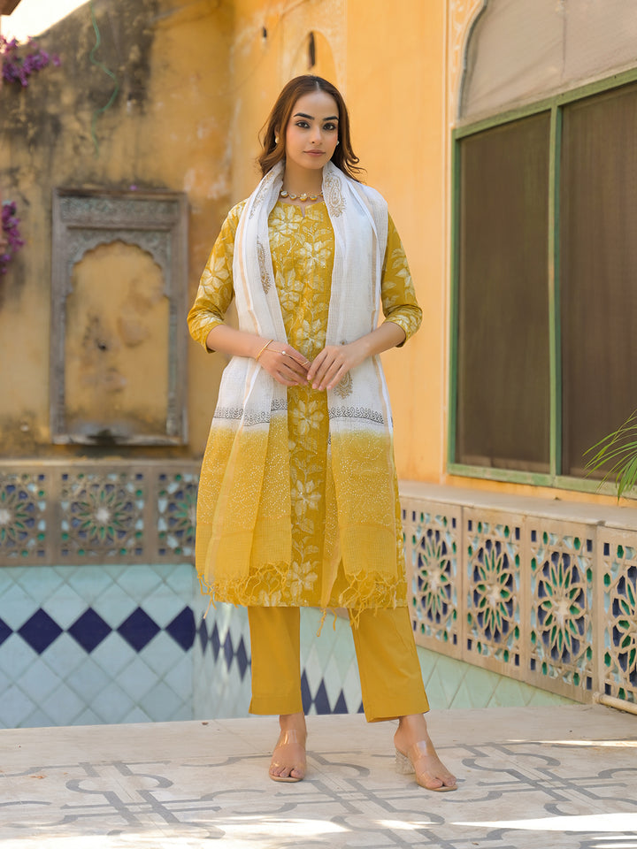 Divena Mustard Floral Print Cotton Straight fit Kurta Pant with Dupatta