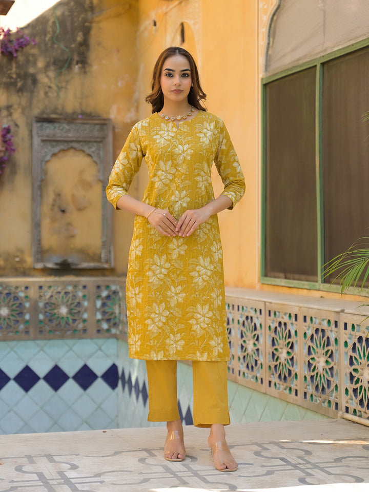 Divena Mustard Floral Print Cotton Straight fit Kurta Pant with Dupatta