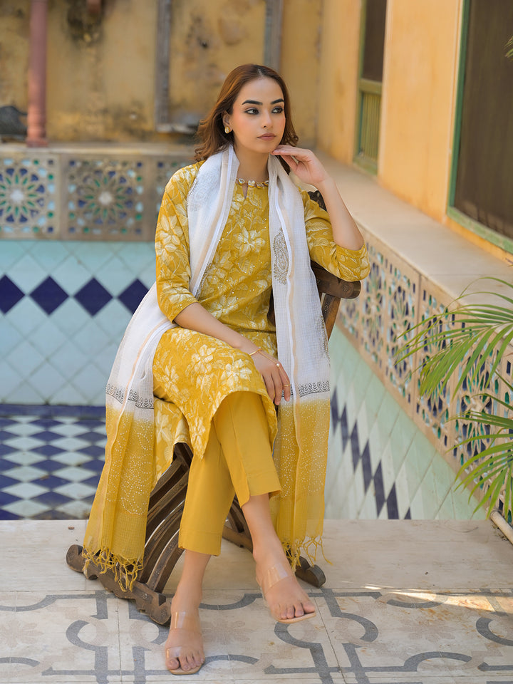 Divena Mustard Floral Print Cotton Straight fit Kurta Pant with Dupatta