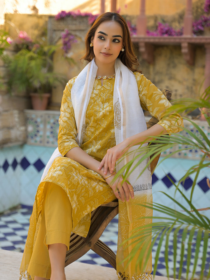 Divena Mustard Floral Print Cotton Straight fit Kurta Pant with Dupatta