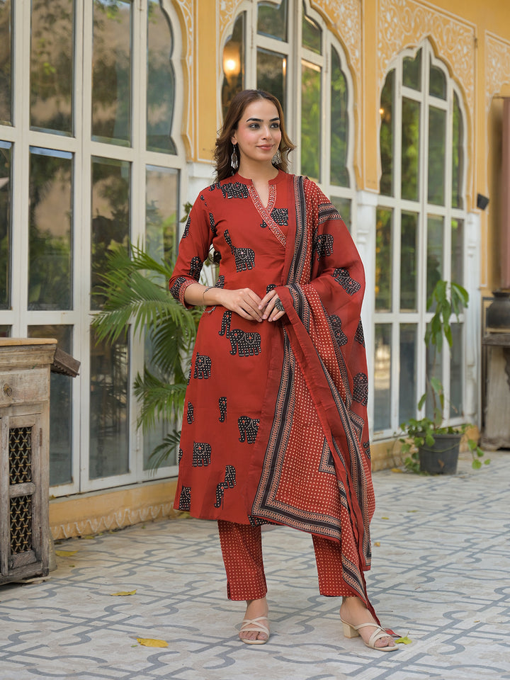 Divena Red Animal Print Cotton A-Line Kurta Pant with Dupatta