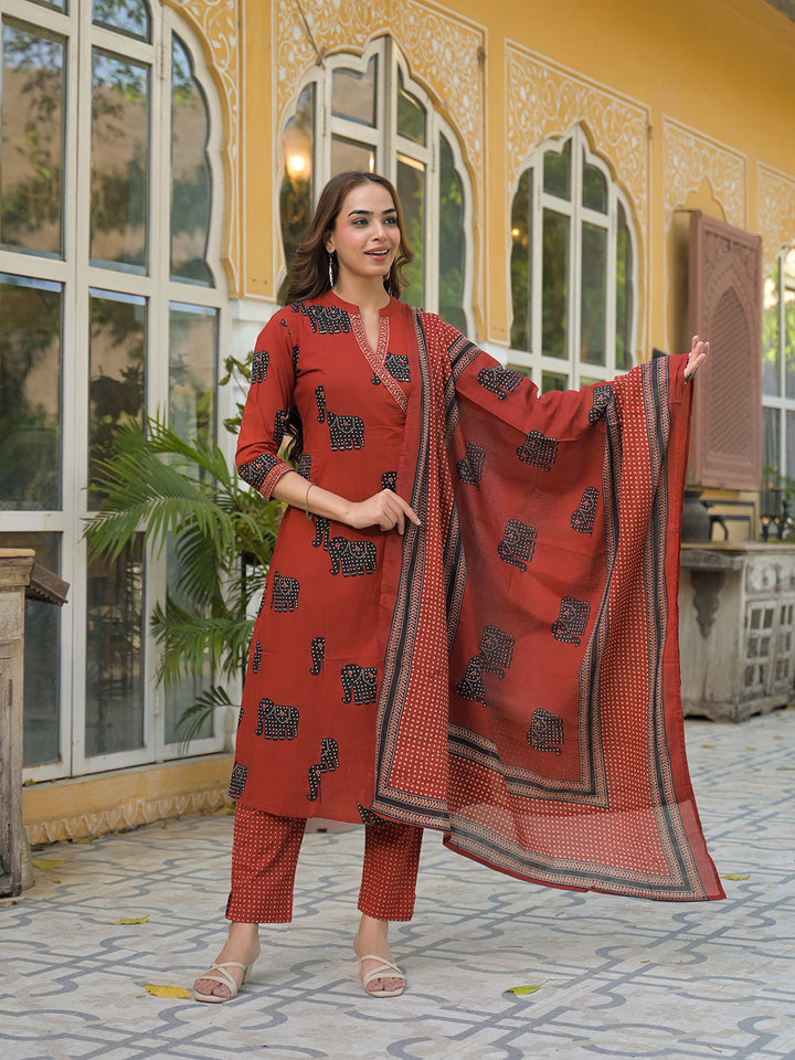 Divena Red Animal Print Cotton A-Line Kurta Pant with Dupatta
