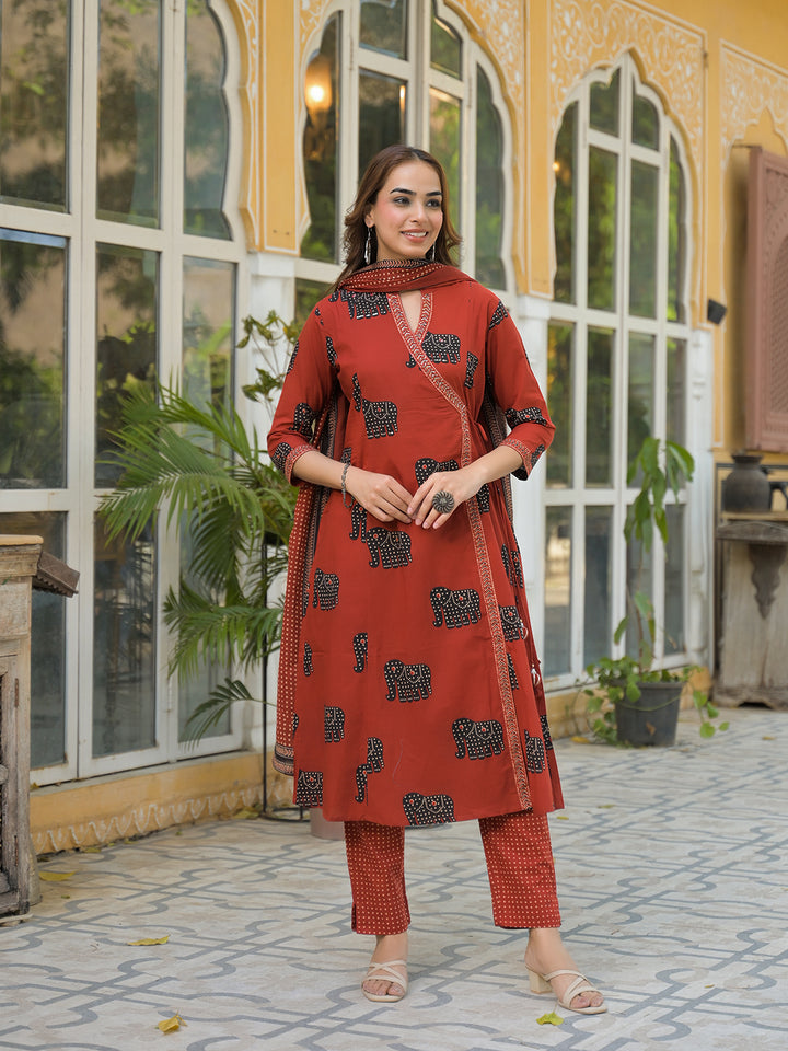 Divena Red Animal Print Cotton A-Line Kurta Pant with Dupatta