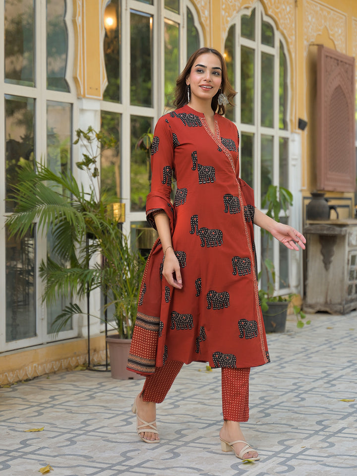 Divena Red Animal Print Cotton A-Line Kurta Pant with Dupatta
