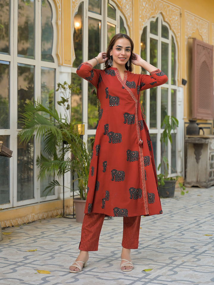 Divena Red Animal Print Cotton A-Line Kurta Pant with Dupatta