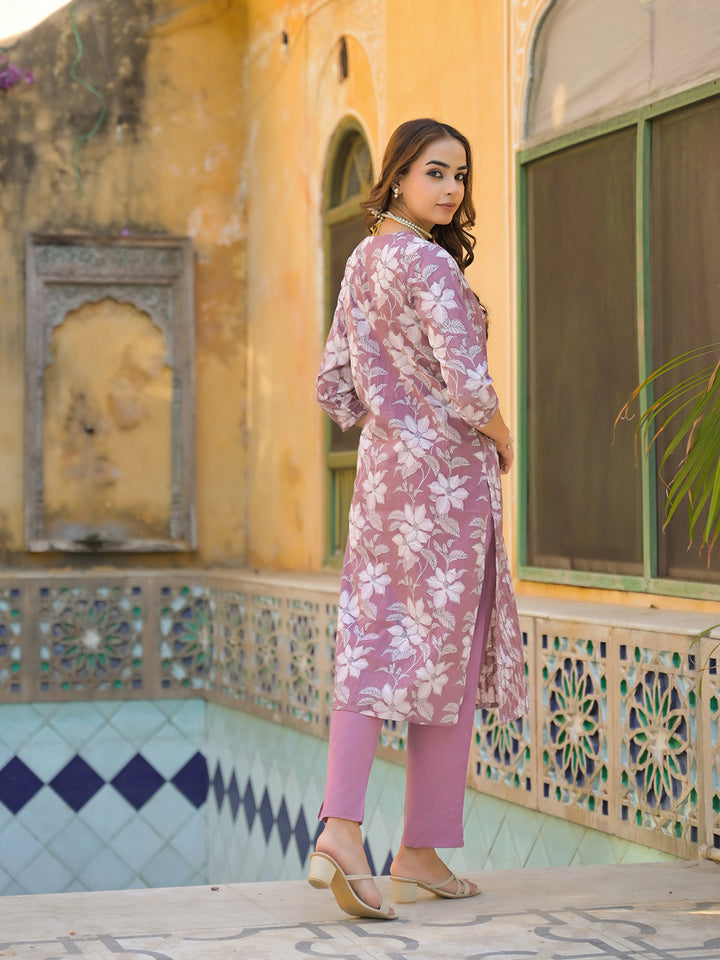 Divena Peach Floral Print Cotton Straight Kurta Pant with Dupatta