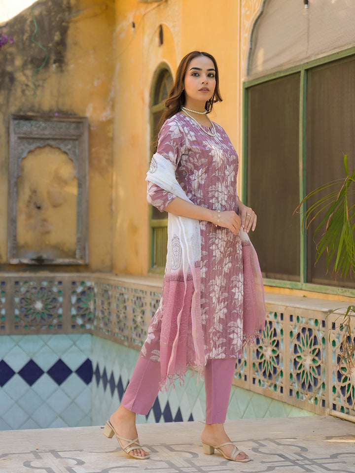 Divena Peach Floral Print Cotton Straight Kurta Pant with Dupatta