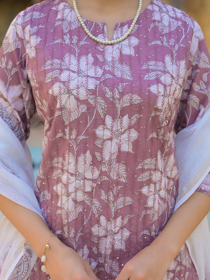 Divena Peach Floral Print Cotton Straight Kurta Pant with Dupatta