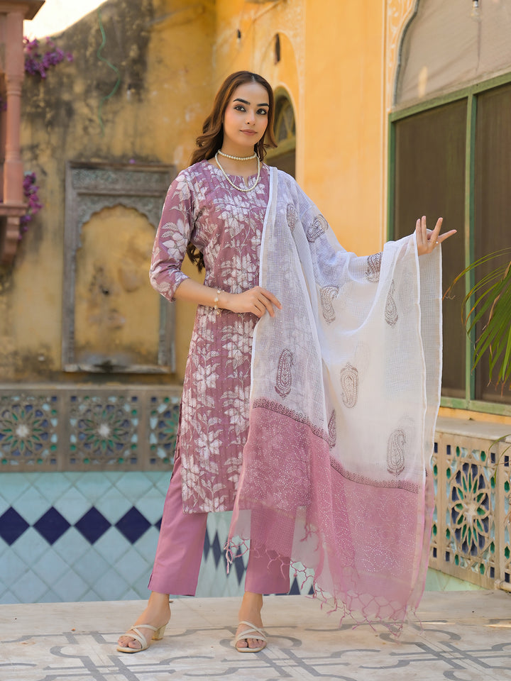 Divena Peach Floral Print Cotton Straight Kurta Pant with Dupatta