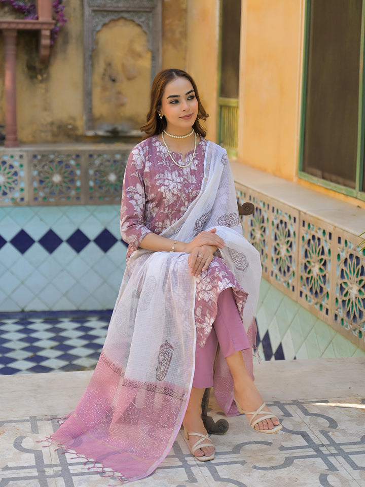 Divena Peach Floral Print Cotton Straight Kurta Pant with Dupatta