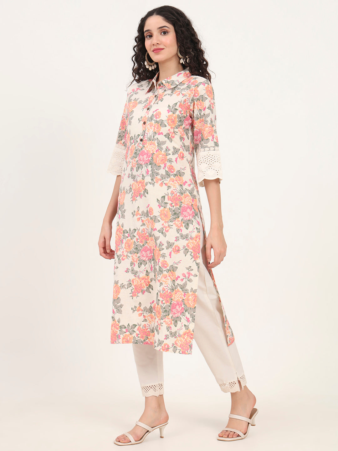 Divena Pink Floral Printed Cotton Kurta