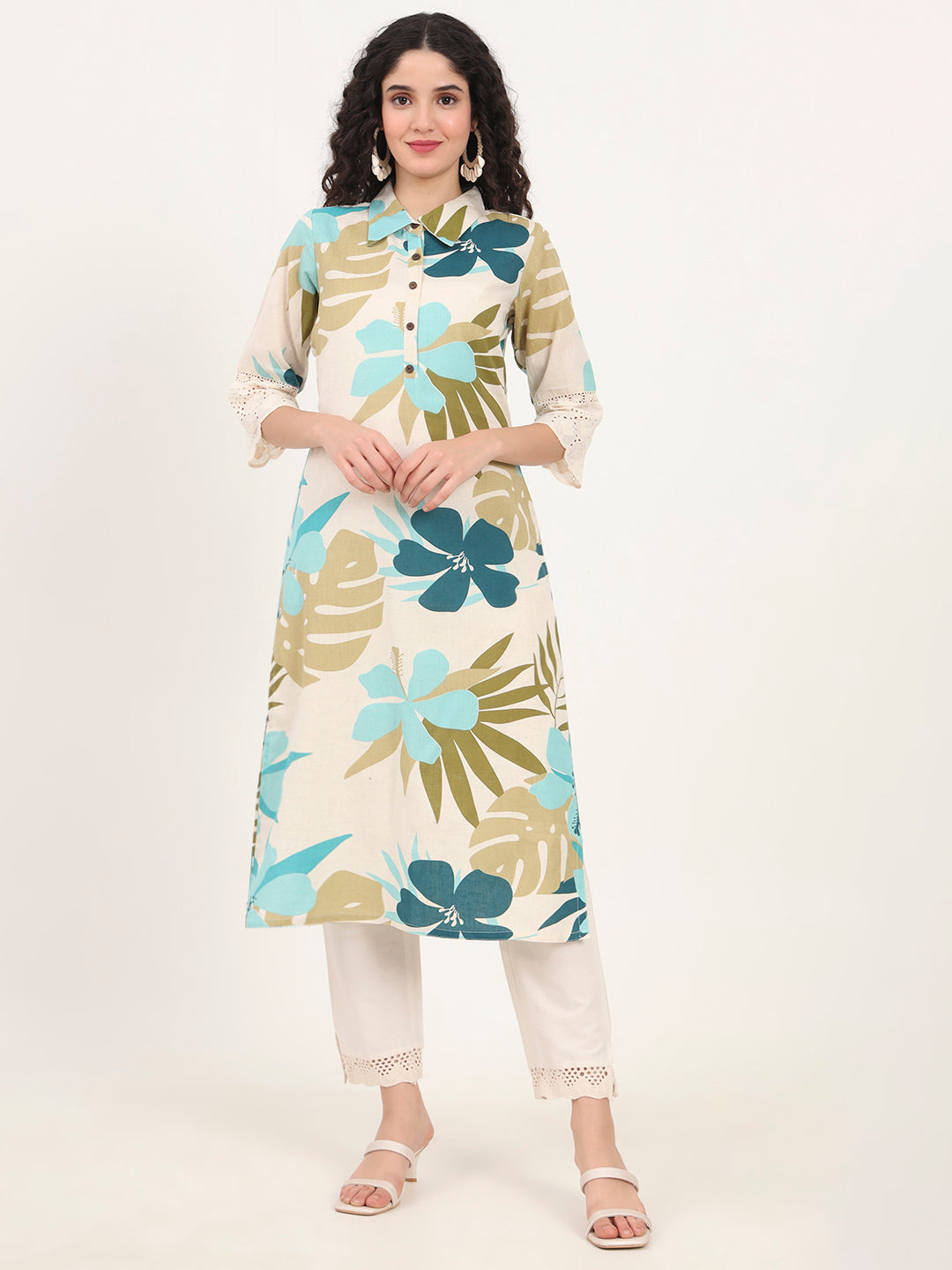 Divena Blue Floral Printed Cotton Kurta