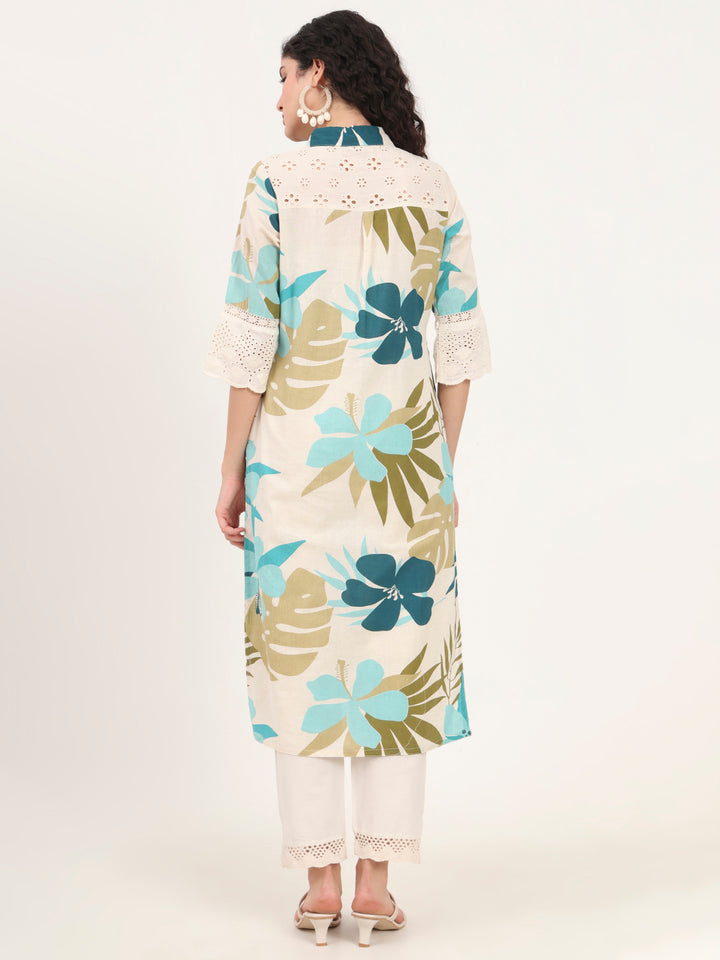 Divena Blue Floral Printed Cotton Kurta