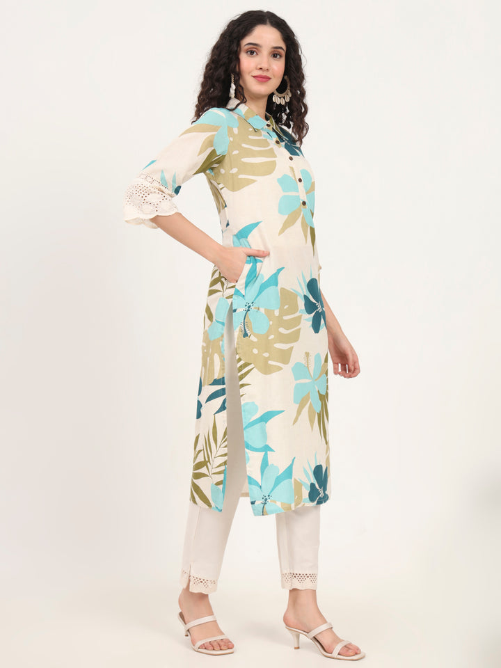Divena Blue Floral Printed Cotton Kurta