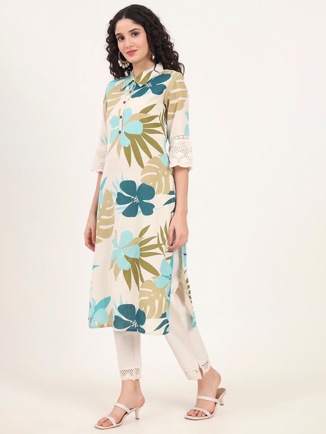 Divena Blue Floral Printed Cotton Kurta