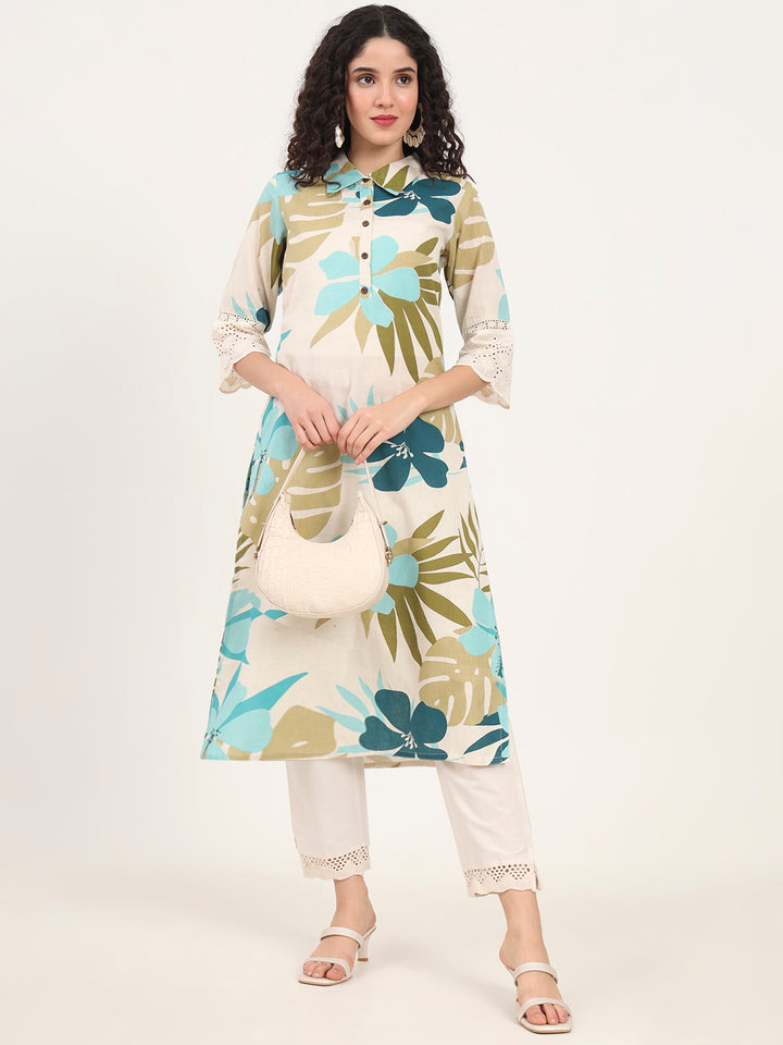 Divena Blue Floral Printed Cotton Kurta