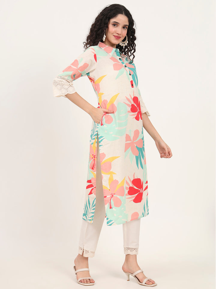 Divena Turquoise Blue Floral Printed Cotton Kurta