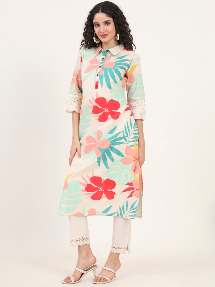 Divena Turquoise Blue Floral Printed Cotton Kurta