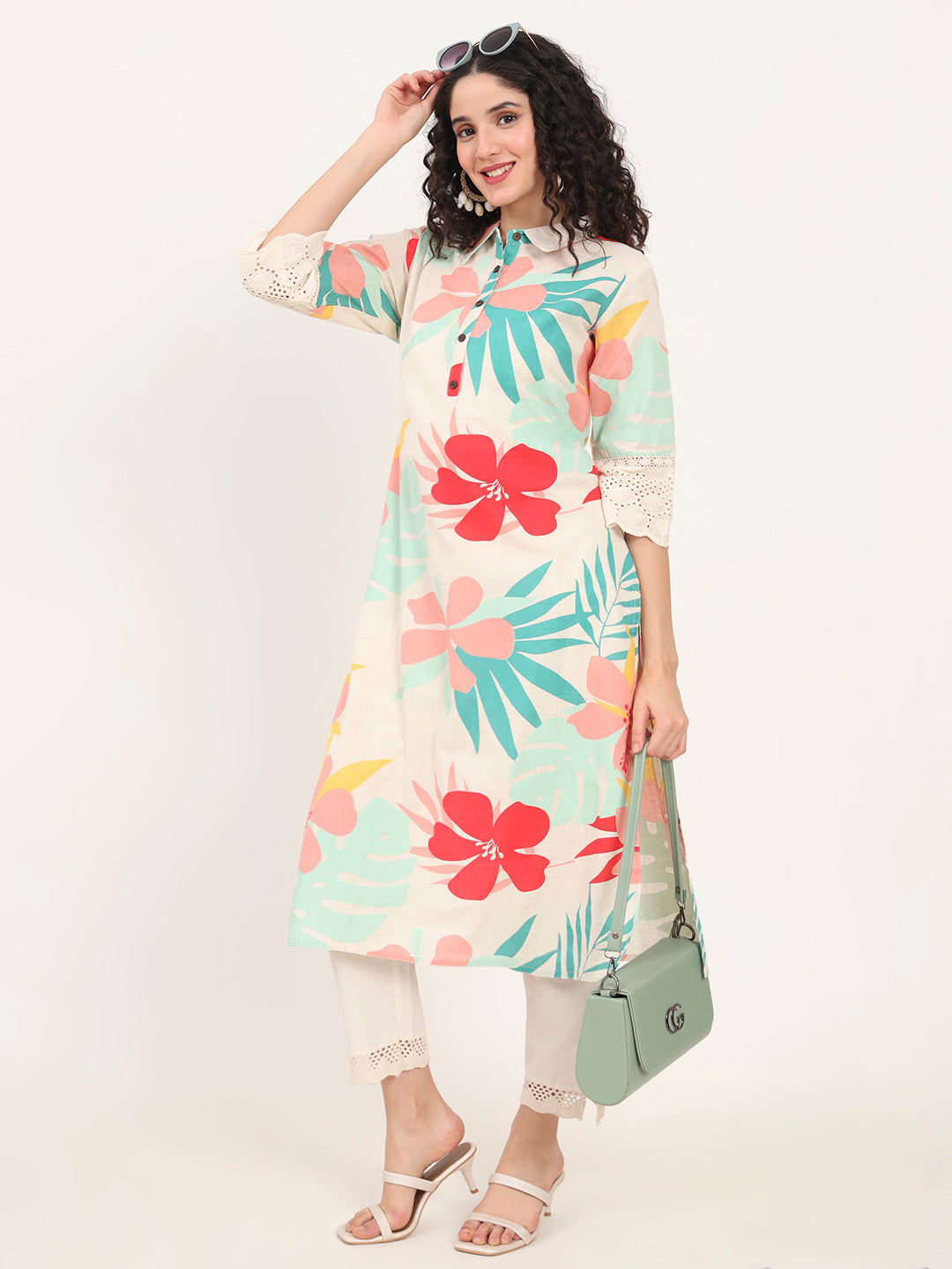 Divena Turquoise Blue Floral Printed Cotton Kurta