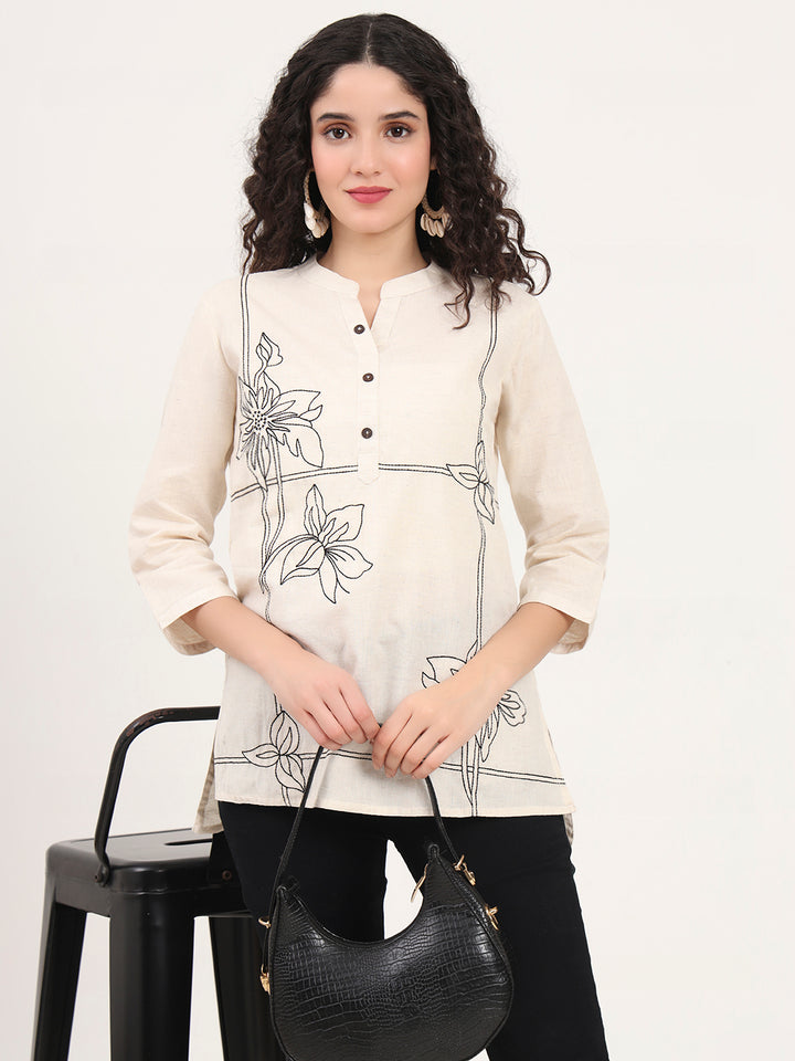 Divena Offwhite Embroidery Cotton Fabric Straight Top