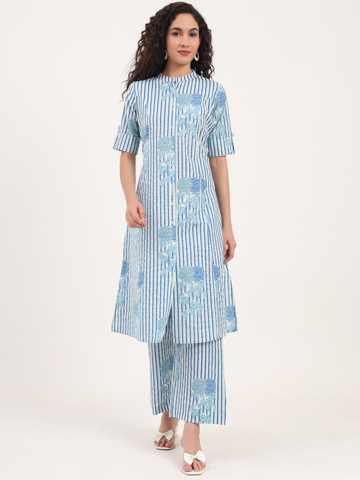 Divena Blue Floral Printed Cotton Kurta Set
