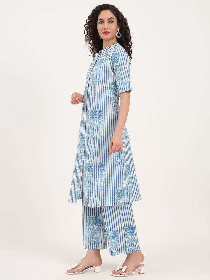 Divena Blue Floral Printed Cotton Kurta Set