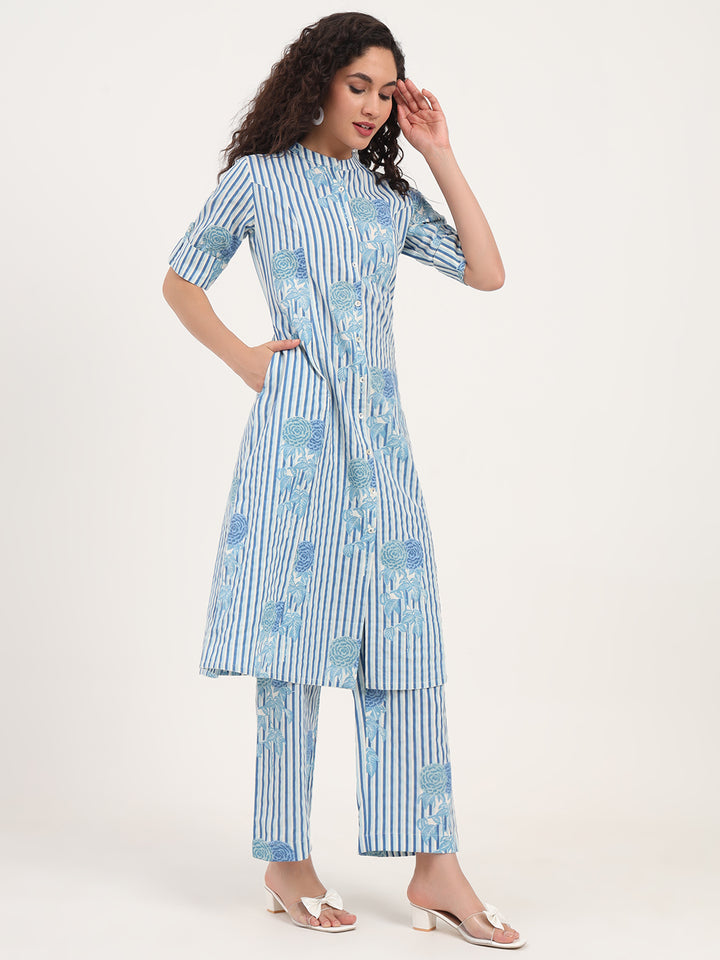 Divena Blue Floral Printed Cotton Kurta Set