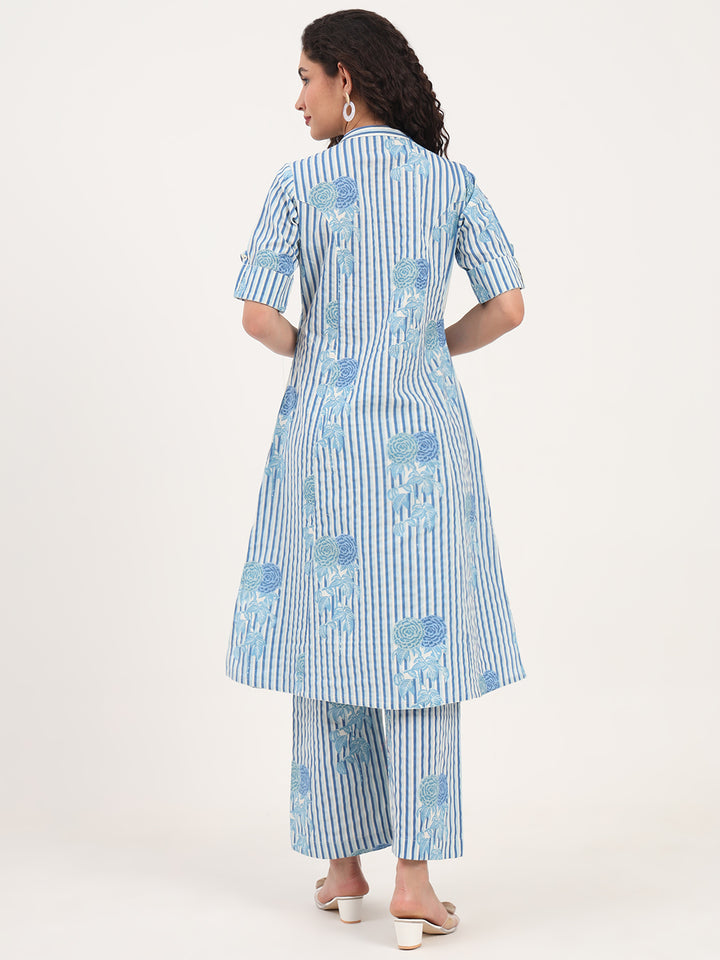 Divena Blue Floral Printed Cotton Kurta Set