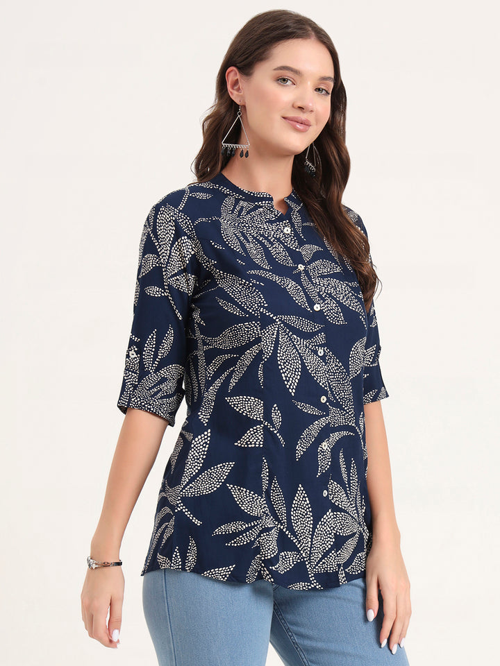 Divena Navy Blue Rayon Rollup Sleeves A-Line Top