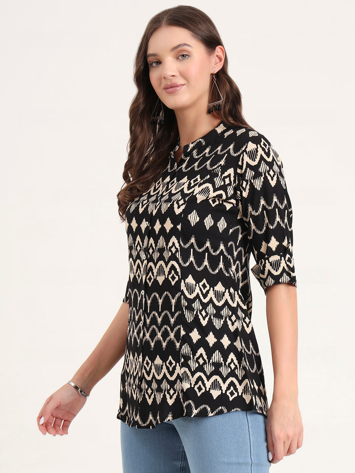 Divena Black Rayon Rollup Sleeves A-Line Top
