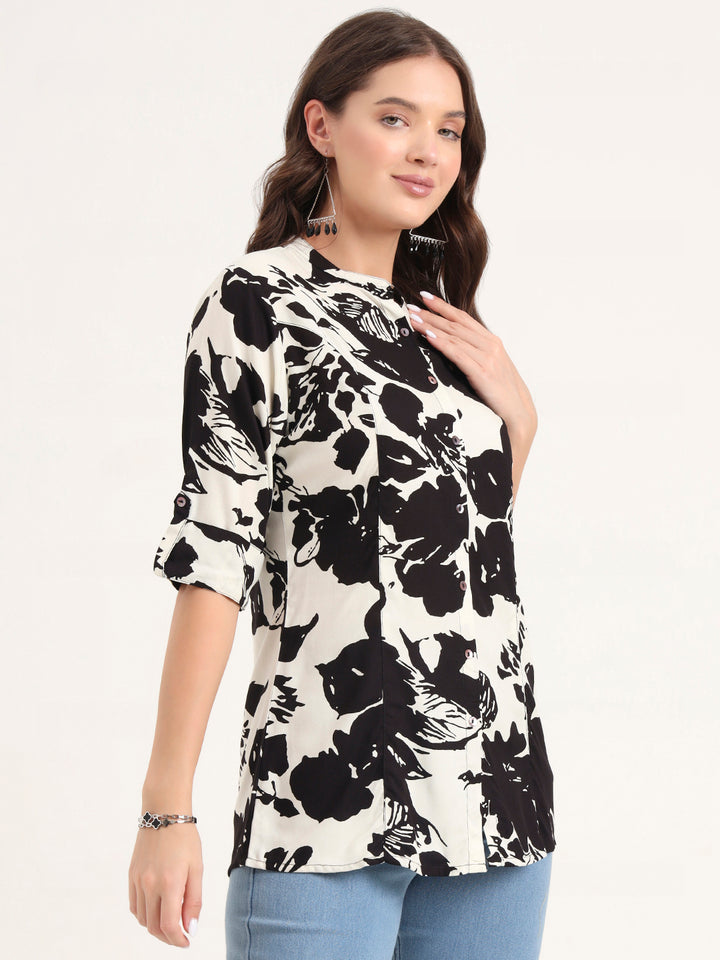 Divena Black Rayon Rollup Sleeves A-Line Top